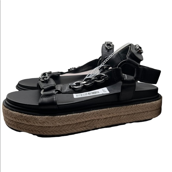 Karl Lagerfeld Palma Strappy Chain Black Leather Platform Jute Wedge Sandal 9 - Picture 5 of 14